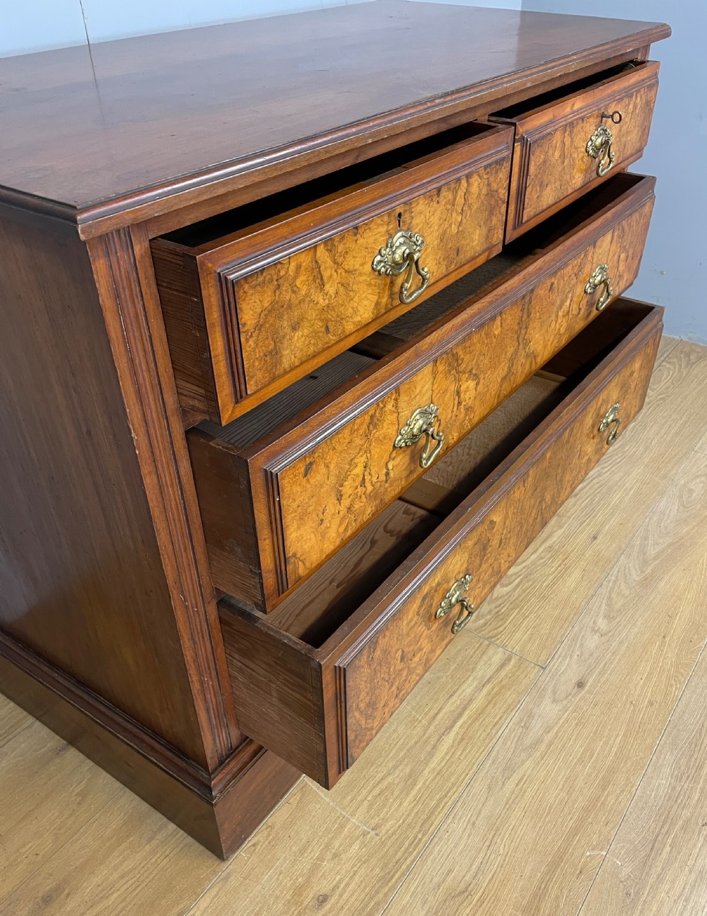 Arts and Crafts burr walnut three height chest of drawers by Miller and Co Leeds View V