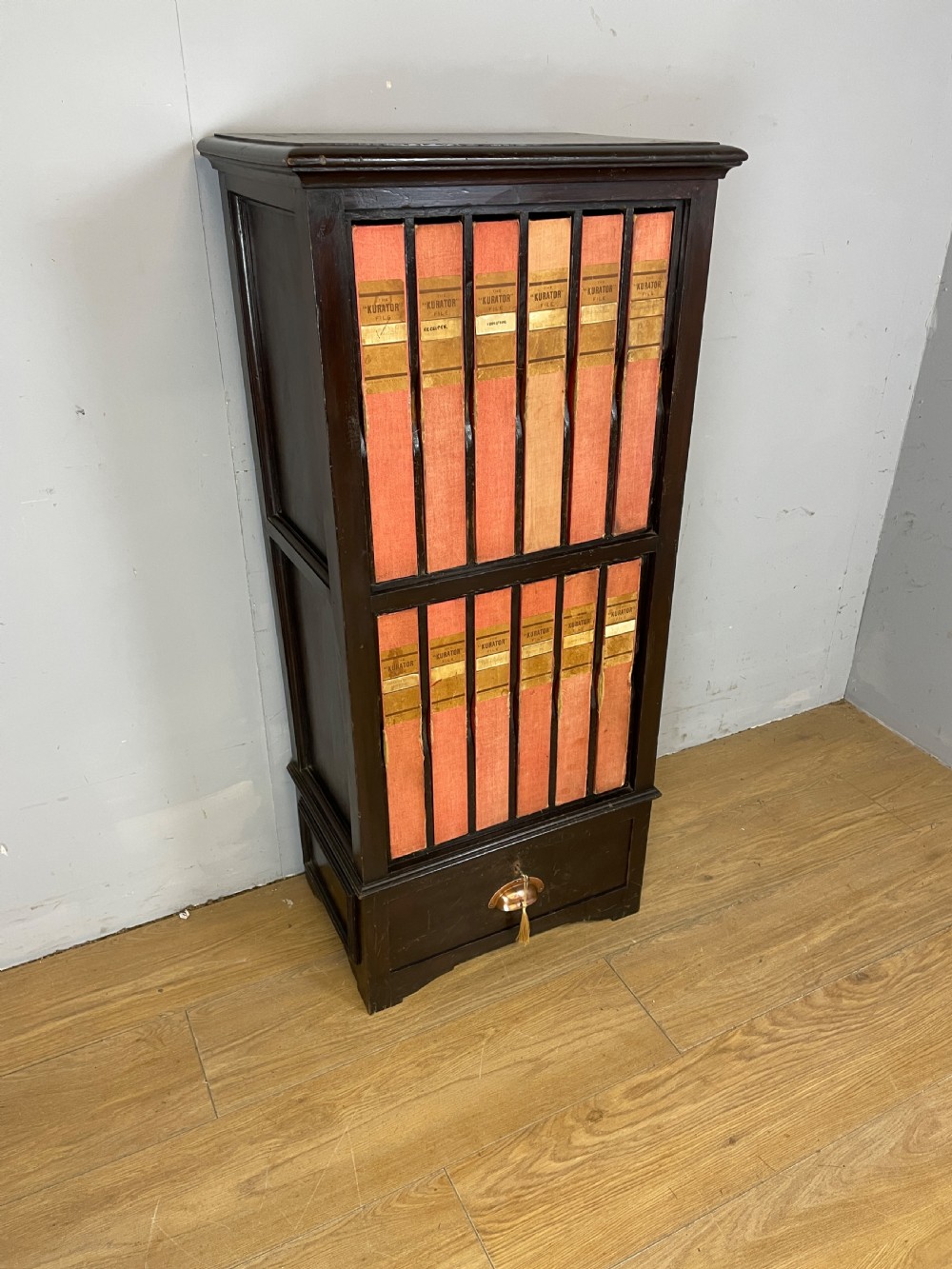 Edwardian filing cabinet containing 12 original files and locking drawer 