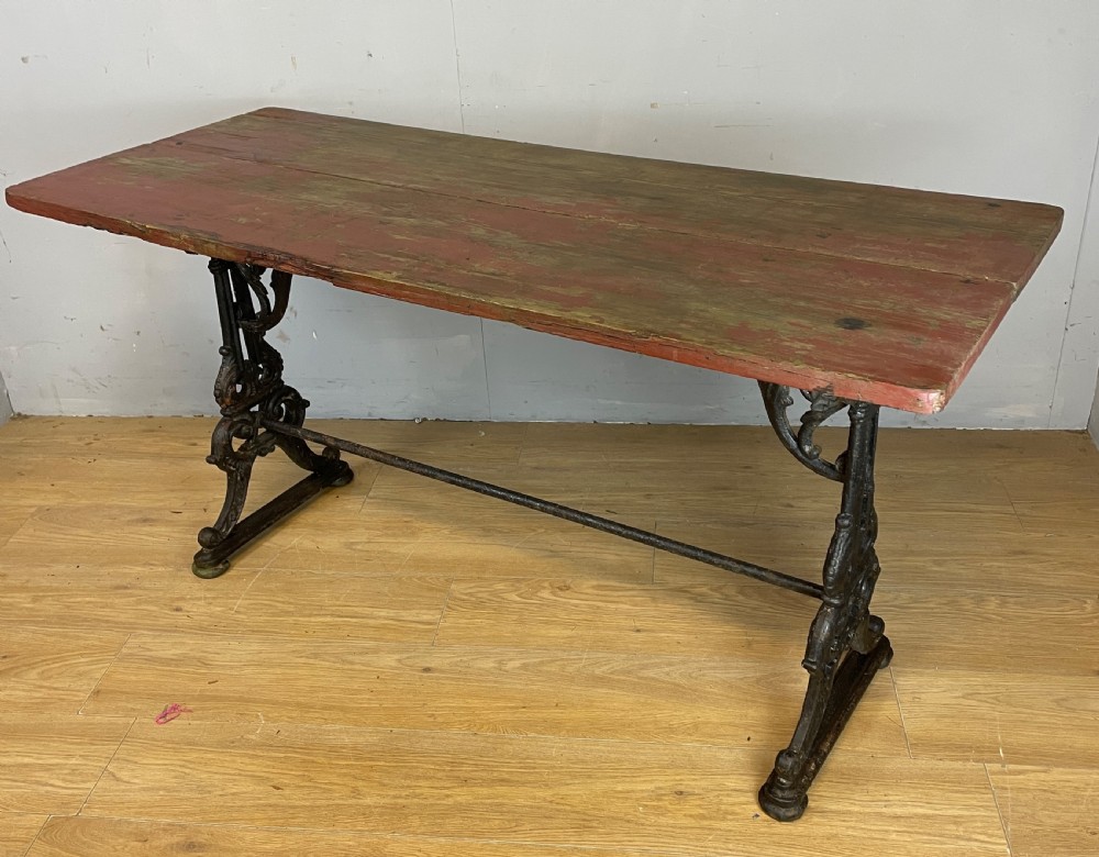 C19TH pine topped table with cast iron base in original condition  View V