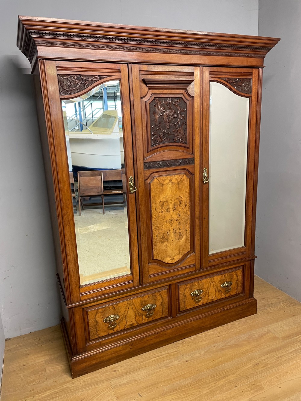 Arts and Crafts burr walnut double wardrobe by Miller and Co Leeds 