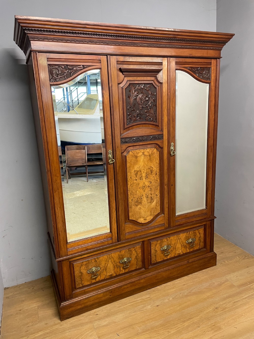 Arts and Crafts burr walnut double wardrobe by Miller and Co Leeds  View II