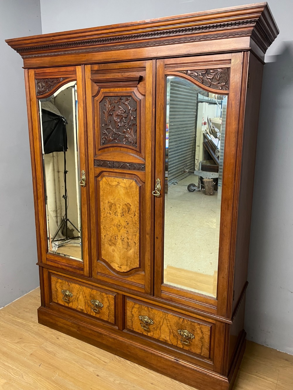Arts and Crafts burr walnut double wardrobe by Miller and Co Leeds  View III