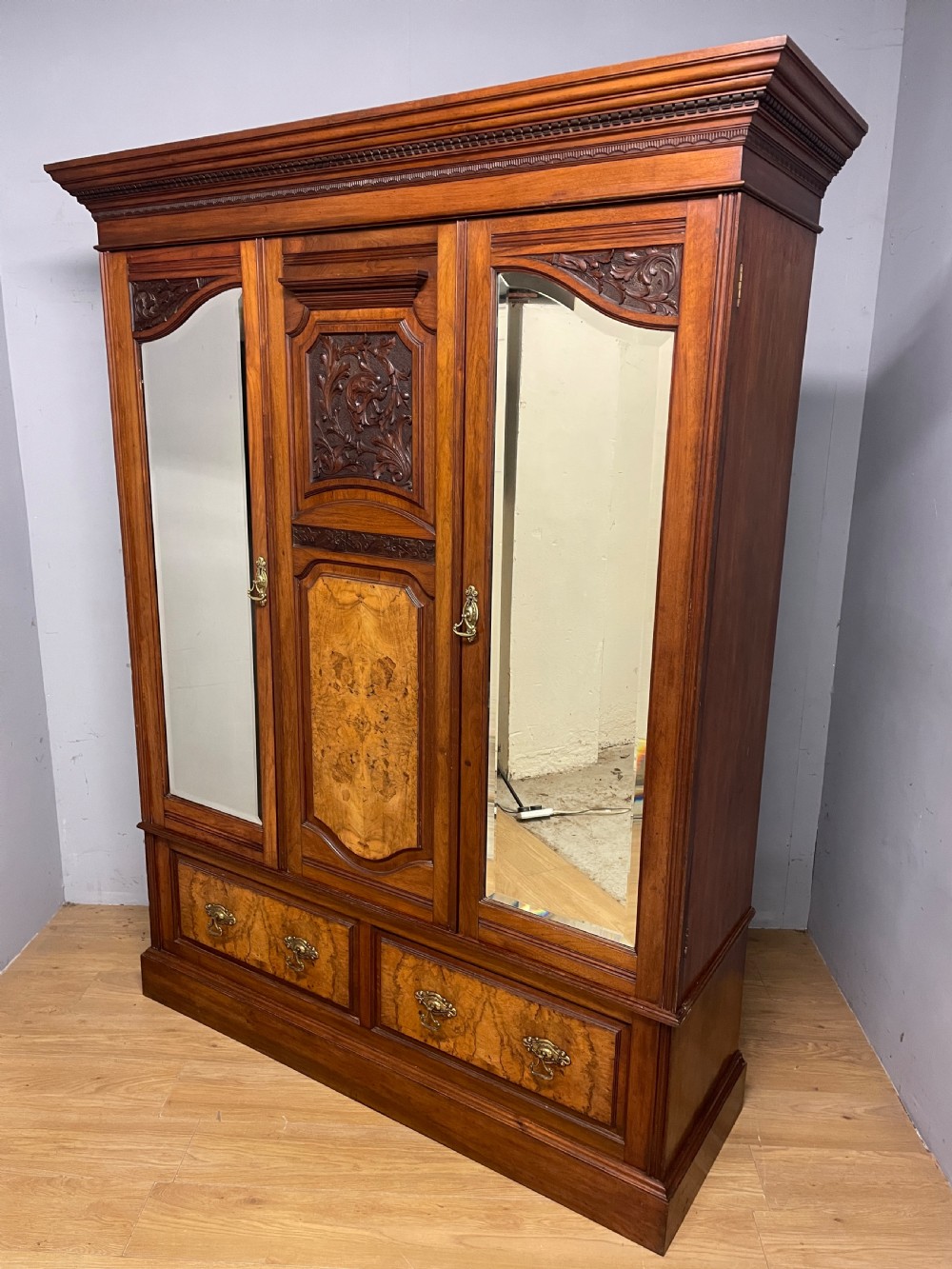 Arts and Crafts burr walnut double wardrobe by Miller and Co Leeds  View XIV