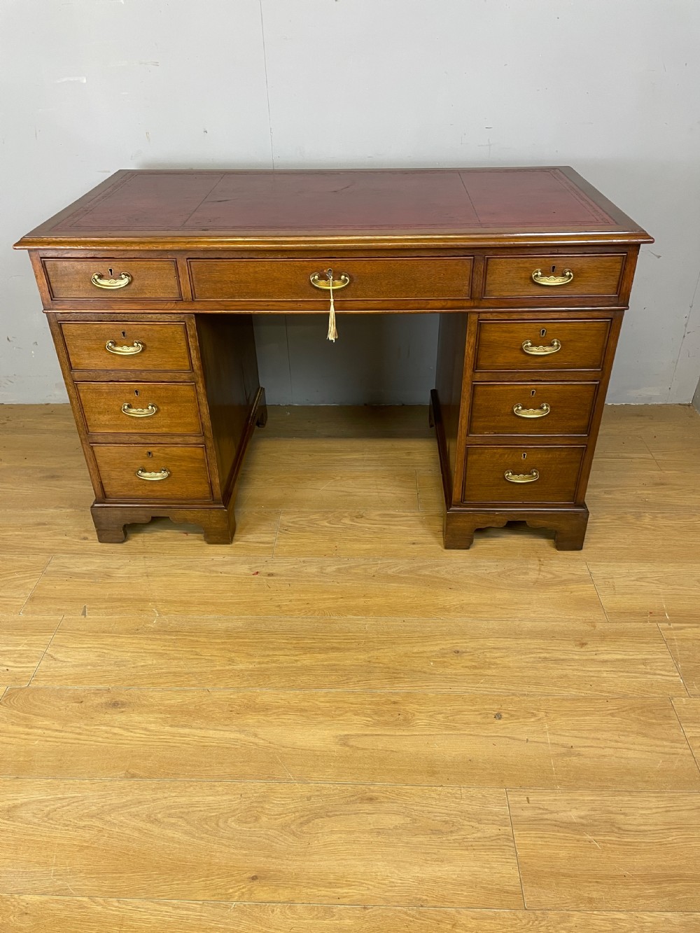 C19TH mahogany three part pedestal desk with inset red leather top View II