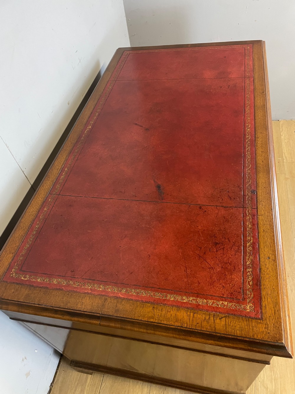 C19TH mahogany three part pedestal desk with inset red leather top View IV