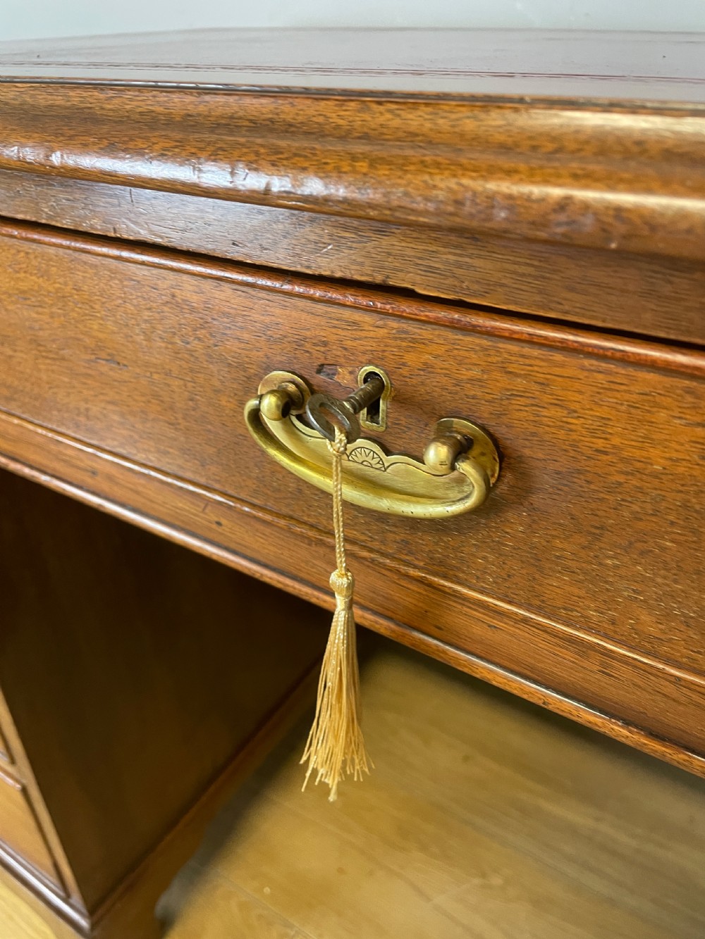 C19TH mahogany three part pedestal desk with inset red leather top View VI
