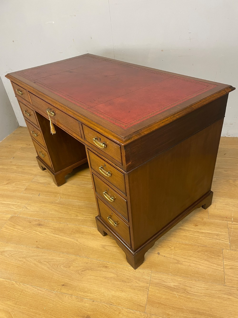 C19TH mahogany three part pedestal desk with inset red leather top View VII
