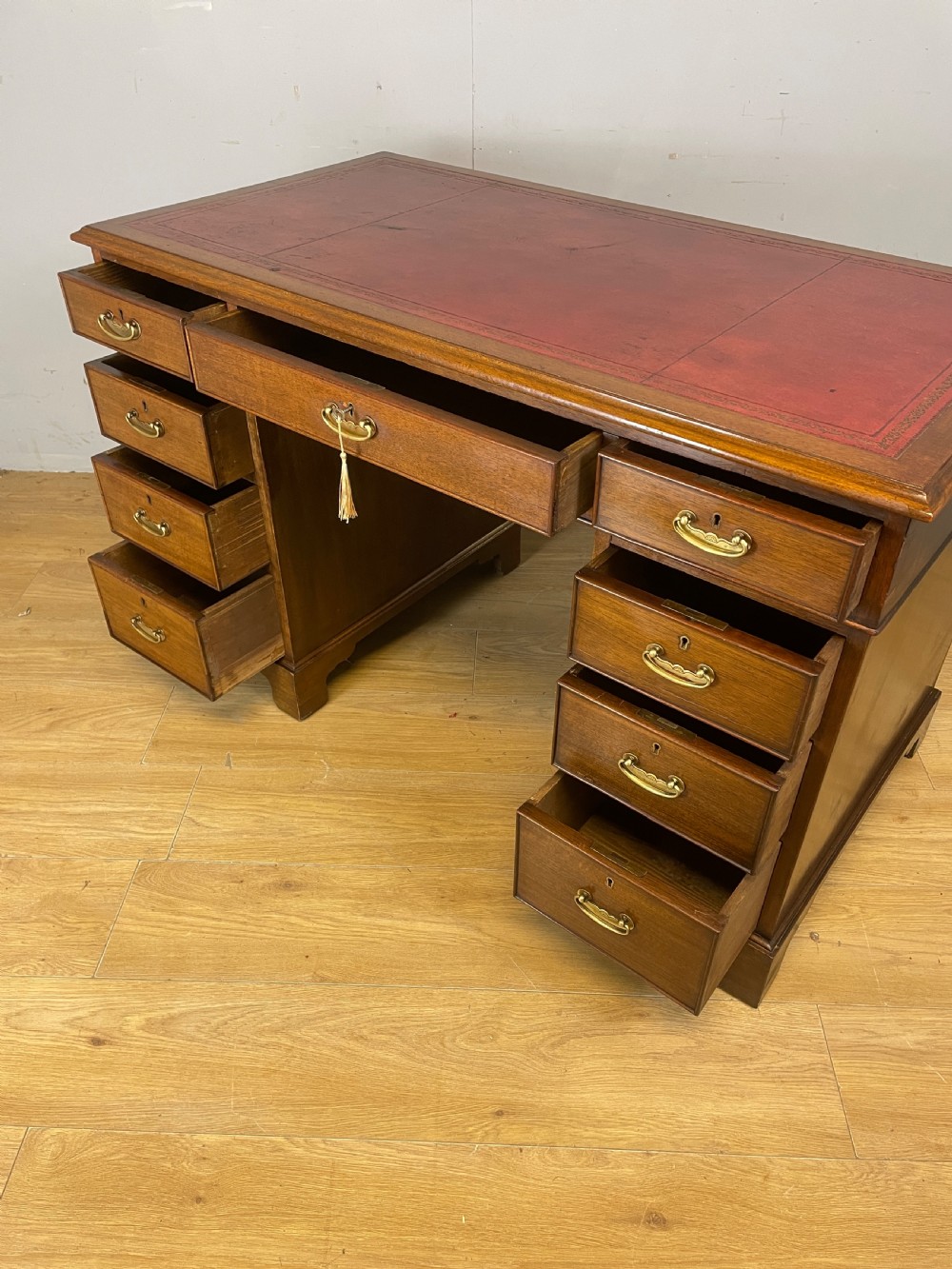 C19TH mahogany three part pedestal desk with inset red leather top View VIII