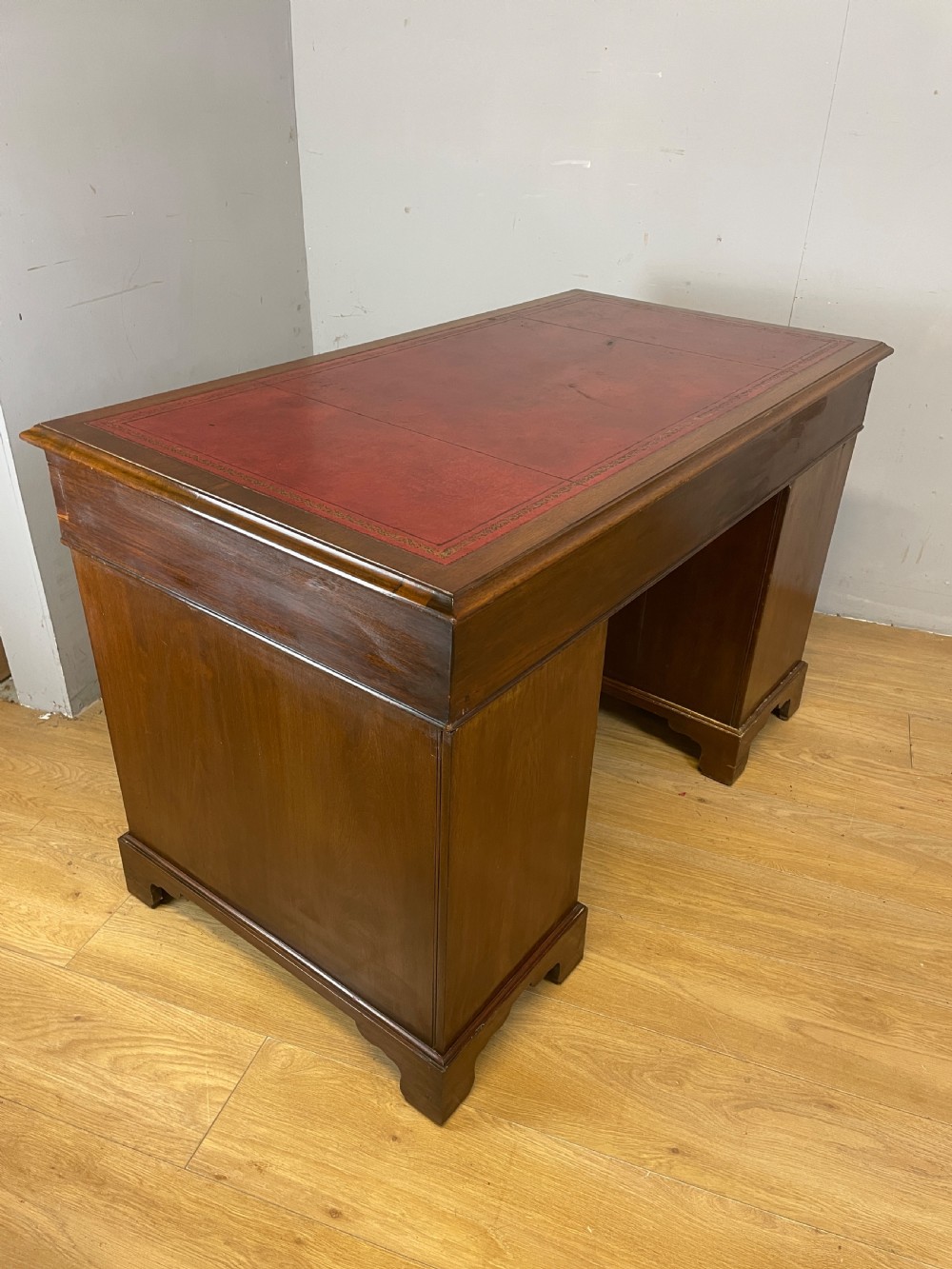 C19TH mahogany three part pedestal desk with inset red leather top View IX