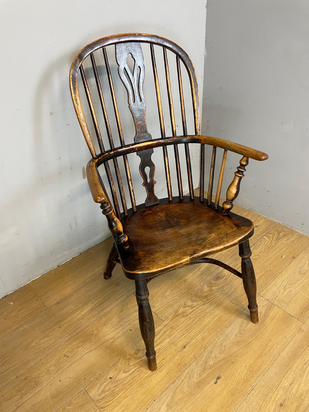 C19TH Ash and elm Windsor chair by Nicholson of Rockley