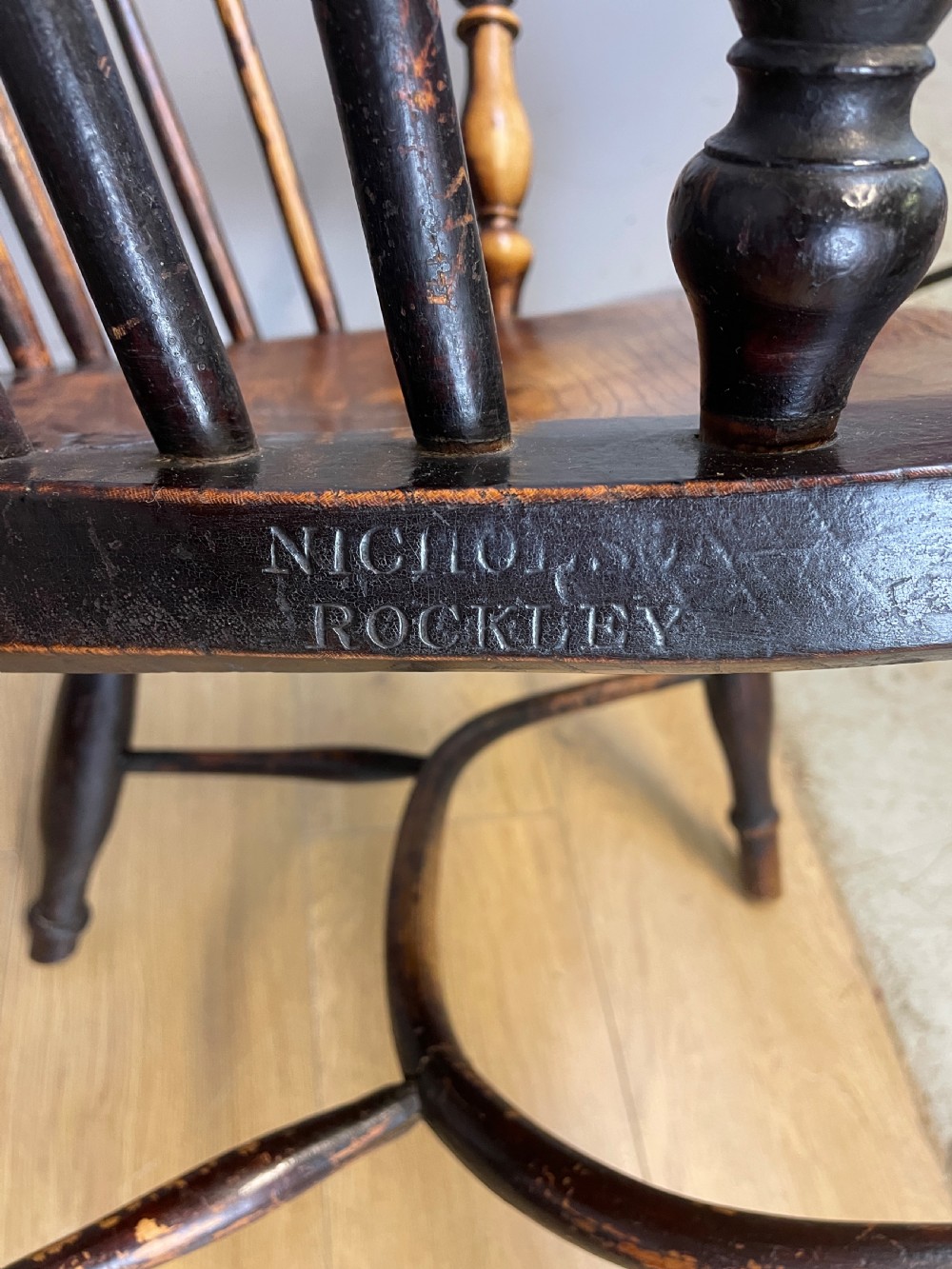 C19TH Ash and elm Windsor chair by Nicholson of Rockley View XI
