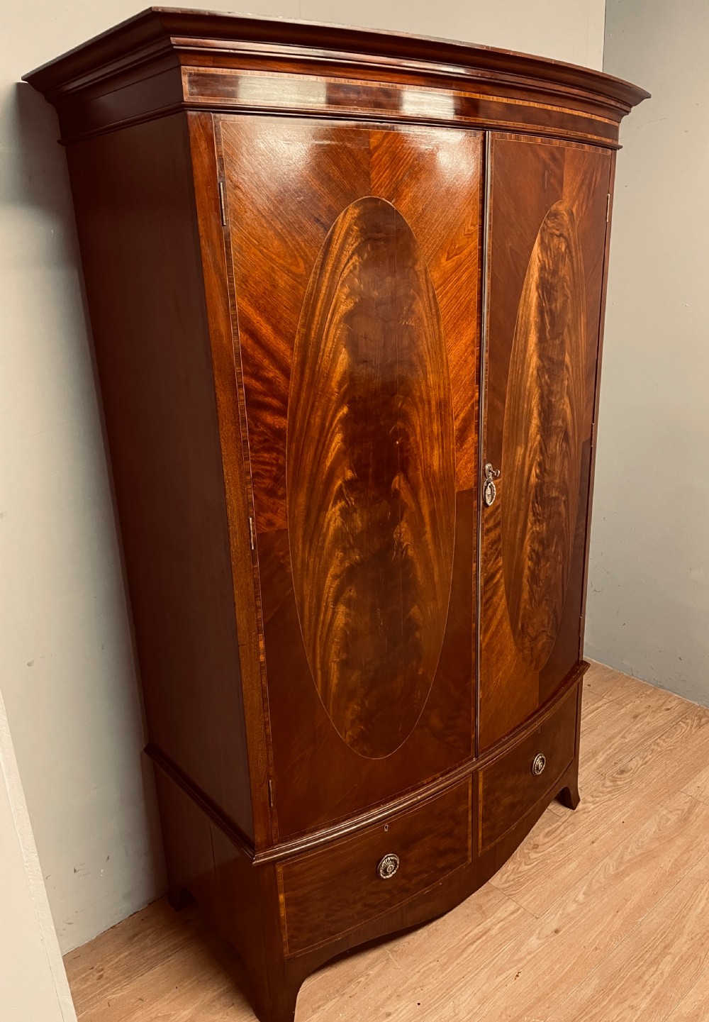 Late C19th Sheraton revival  bow front inlaid mahogany wardrobe  View IV