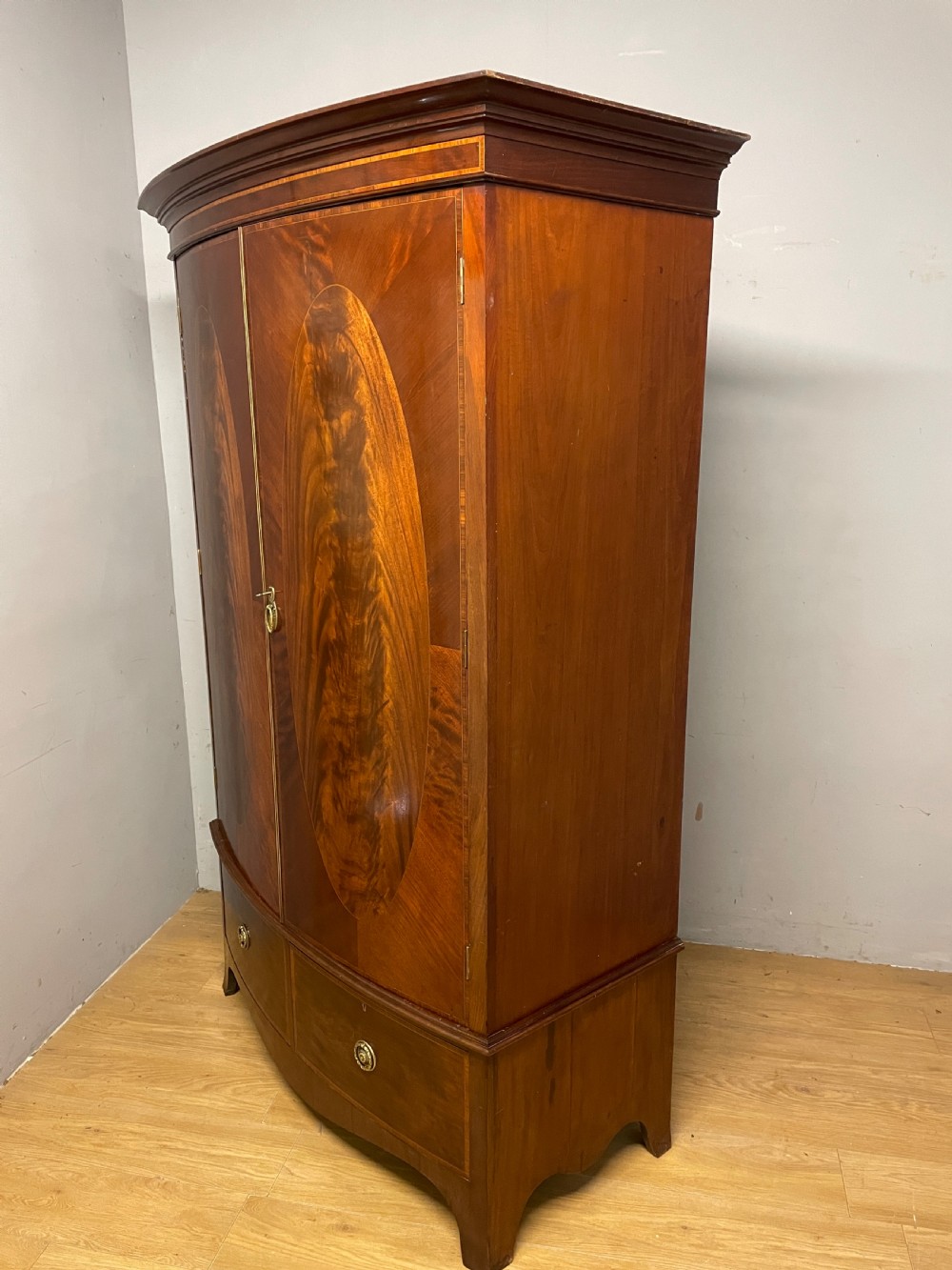Late C19th Sheraton revival  bow front inlaid mahogany wardrobe  View VI