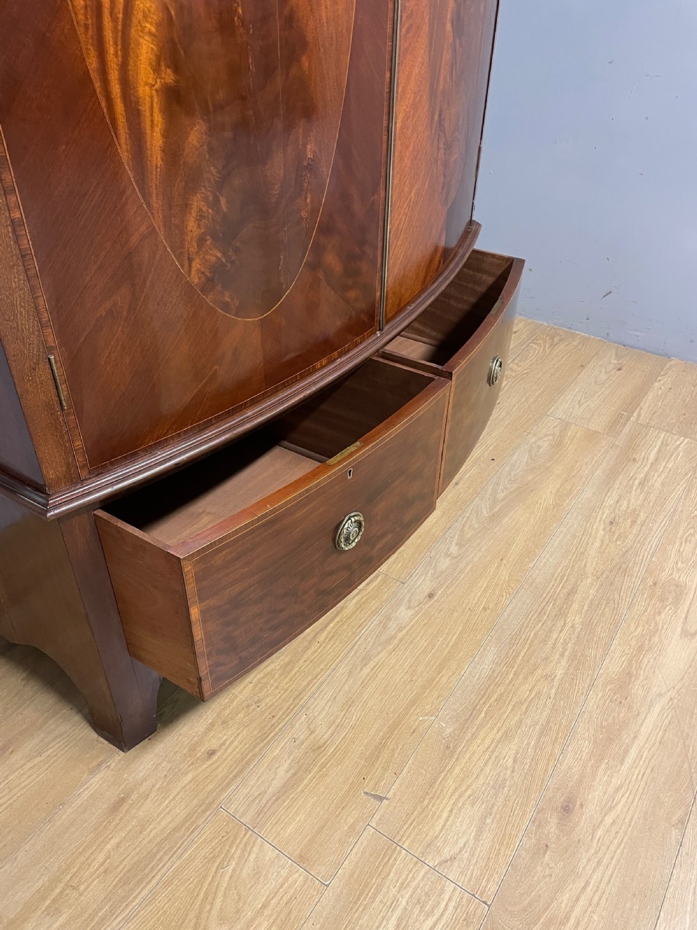 Late C19th Sheraton revival  bow front inlaid mahogany wardrobe  View VII