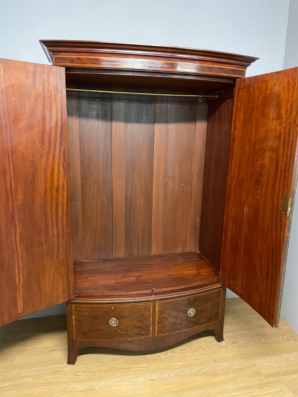 Late C19th Sheraton revival  bow front inlaid mahogany wardrobe  View IX