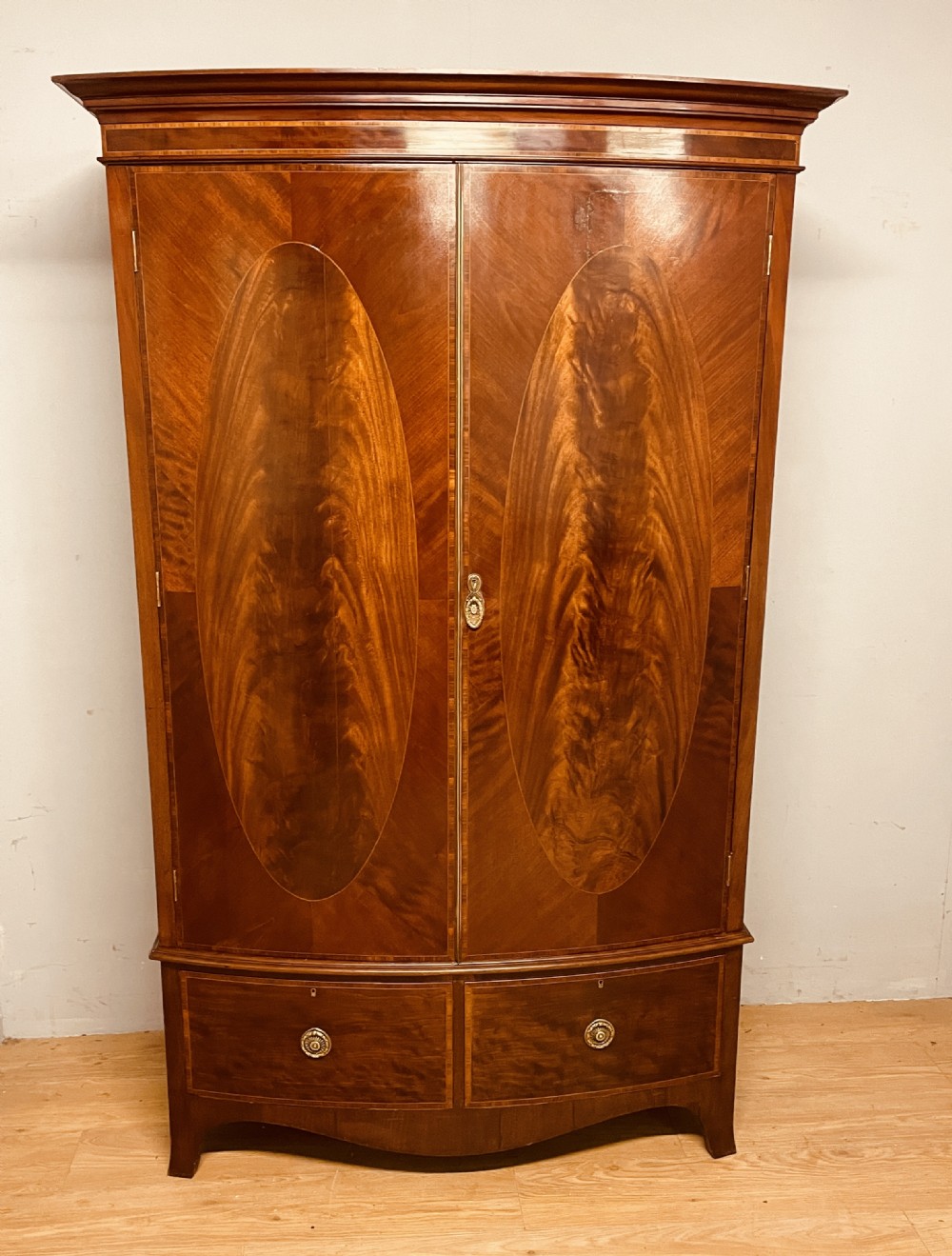 Late C19th Sheraton revival  bow front inlaid mahogany wardrobe 