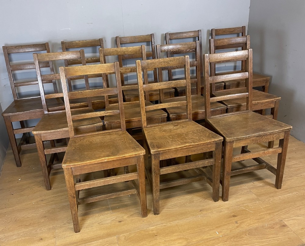 Edwardian set of 12 solid oak refectory chairs  View II