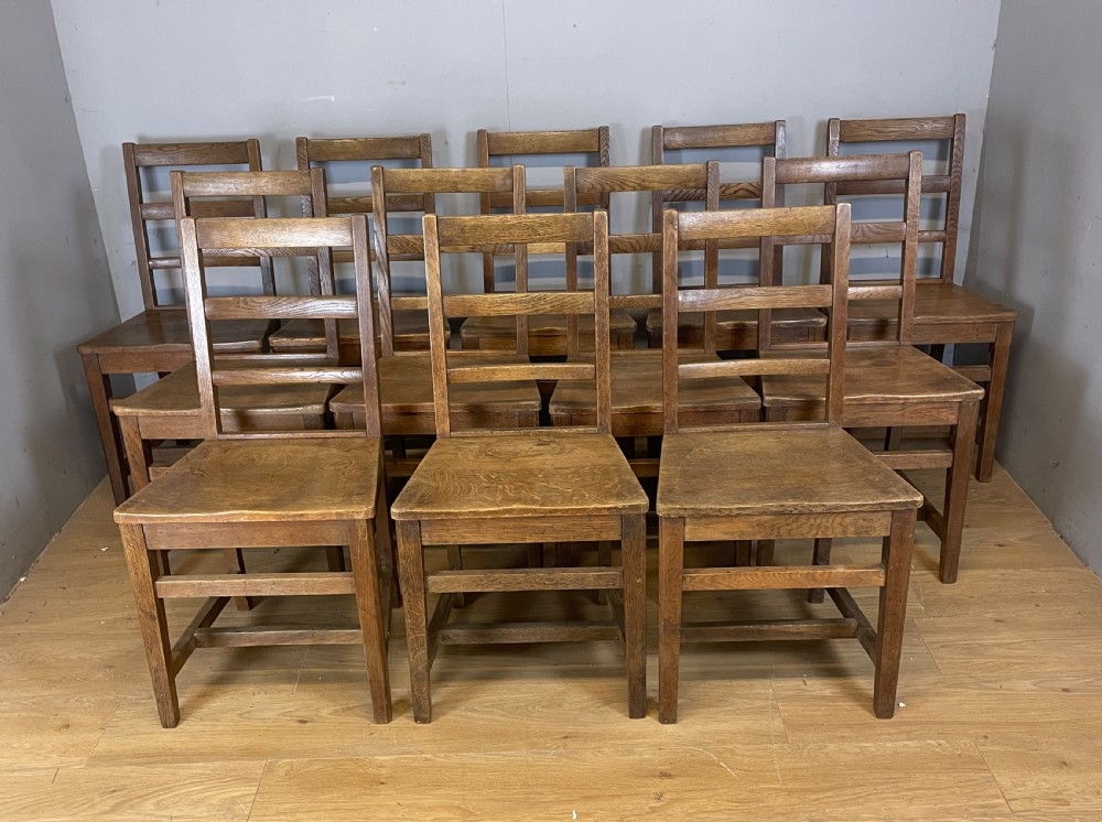 Edwardian set of 12 solid oak refectory chairs  View III