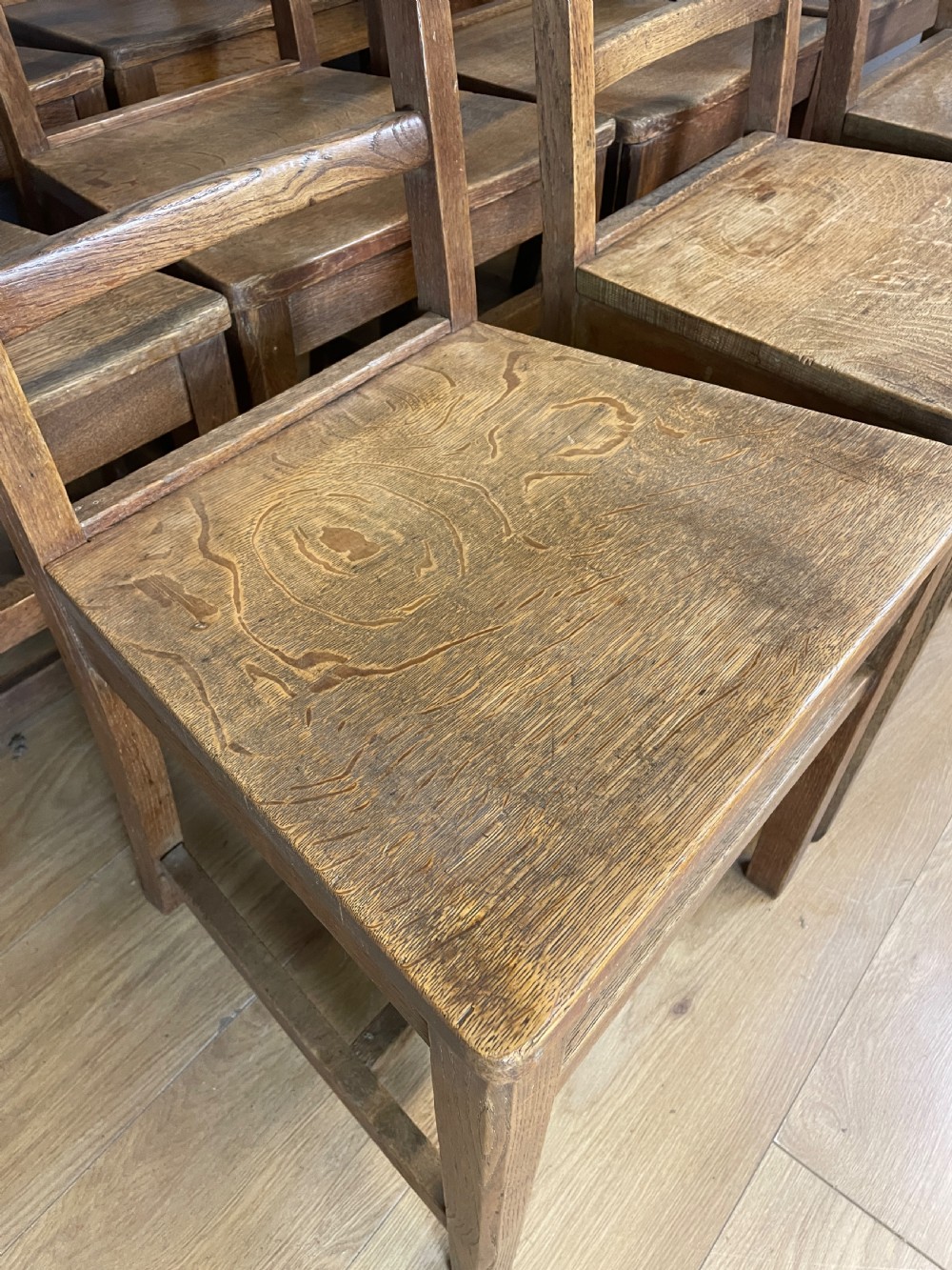 Edwardian set of 12 solid oak refectory chairs  View IV