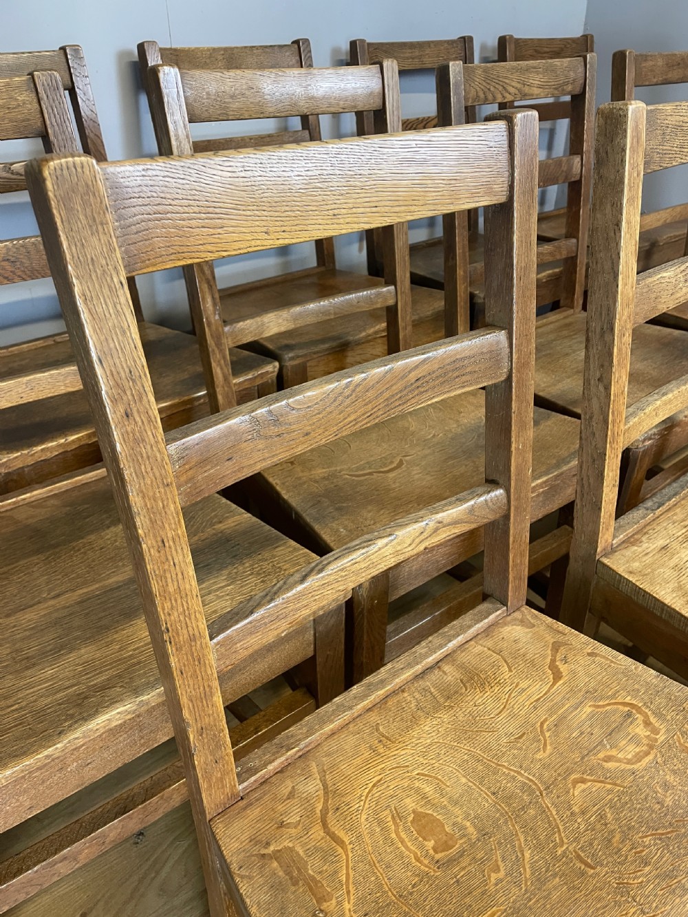 Edwardian set of 12 solid oak refectory chairs  View V