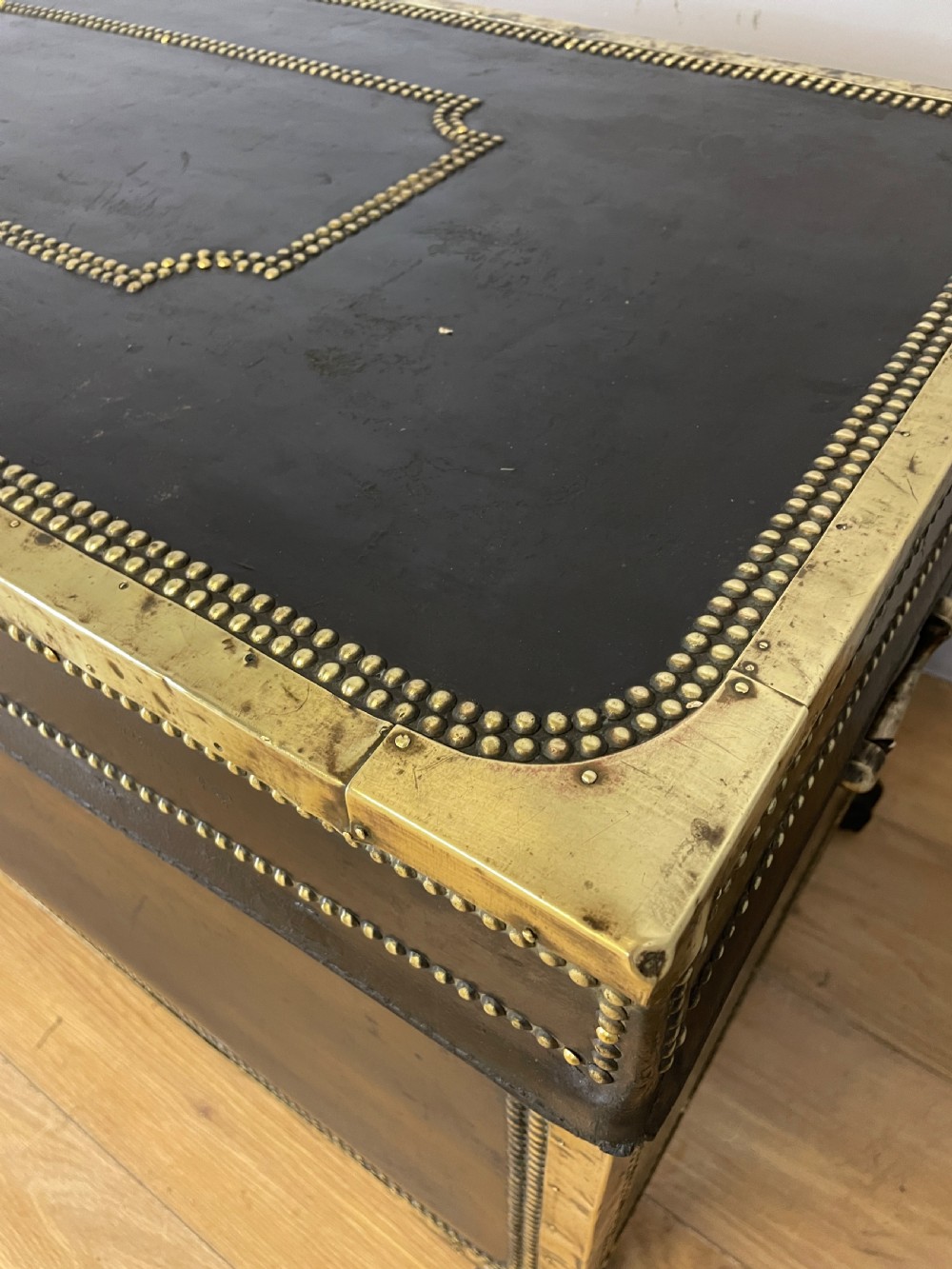 Regency brass studded leather camphor wood lined trunk on hairy paw feet  View VI