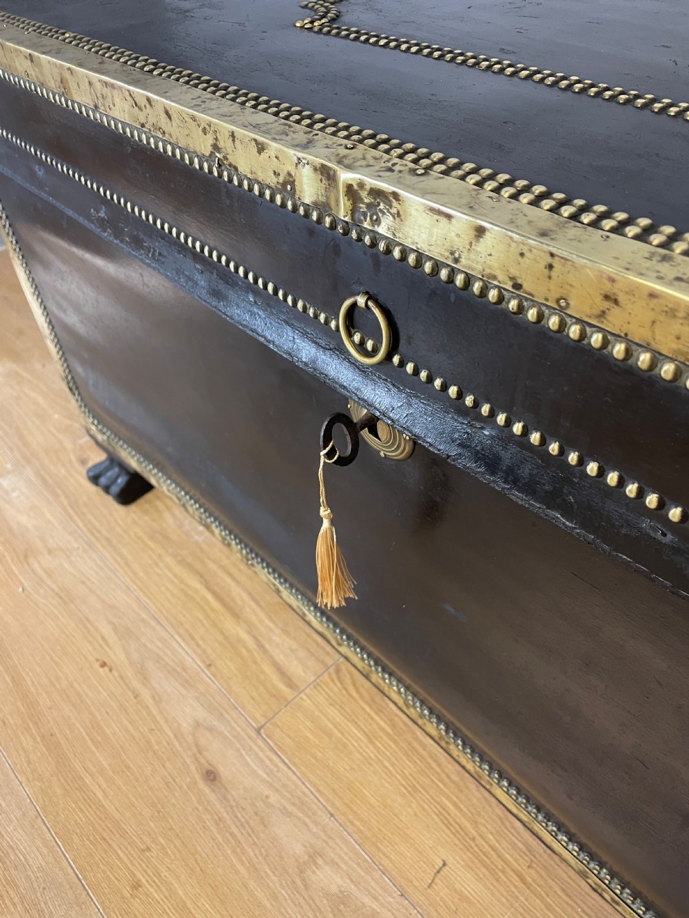 Regency brass studded leather camphor wood lined trunk on hairy paw feet  View IX