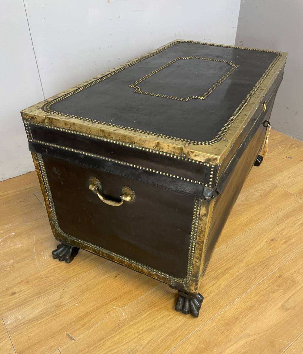 Regency brass studded leather camphor wood lined trunk on hairy paw feet  View XI