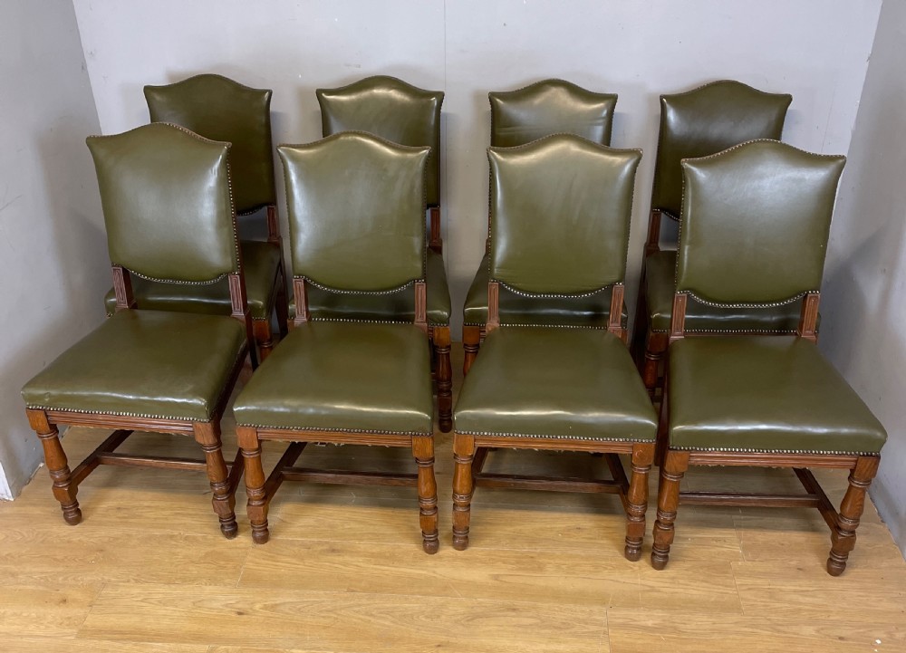 Arts and crafts golden oak set of eight dining chairs in green leather  View XII