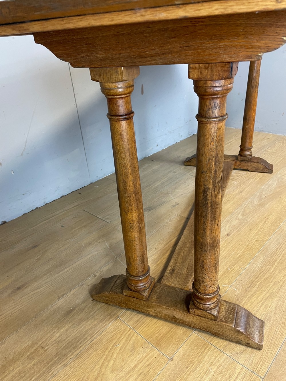 Arts and Crafts golden solid oak refectory dining table  View IV