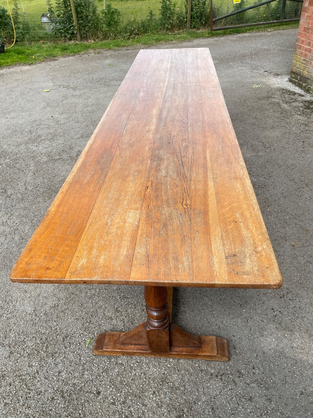 Arts and Crafts golden oak 12 seater refectory table circa 1910  View IV