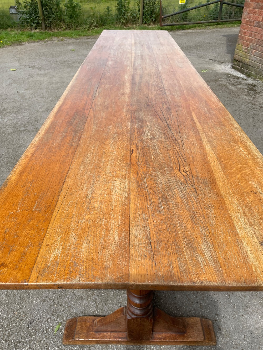 Arts and Crafts golden oak 12 seater refectory table circa 1910  View VI