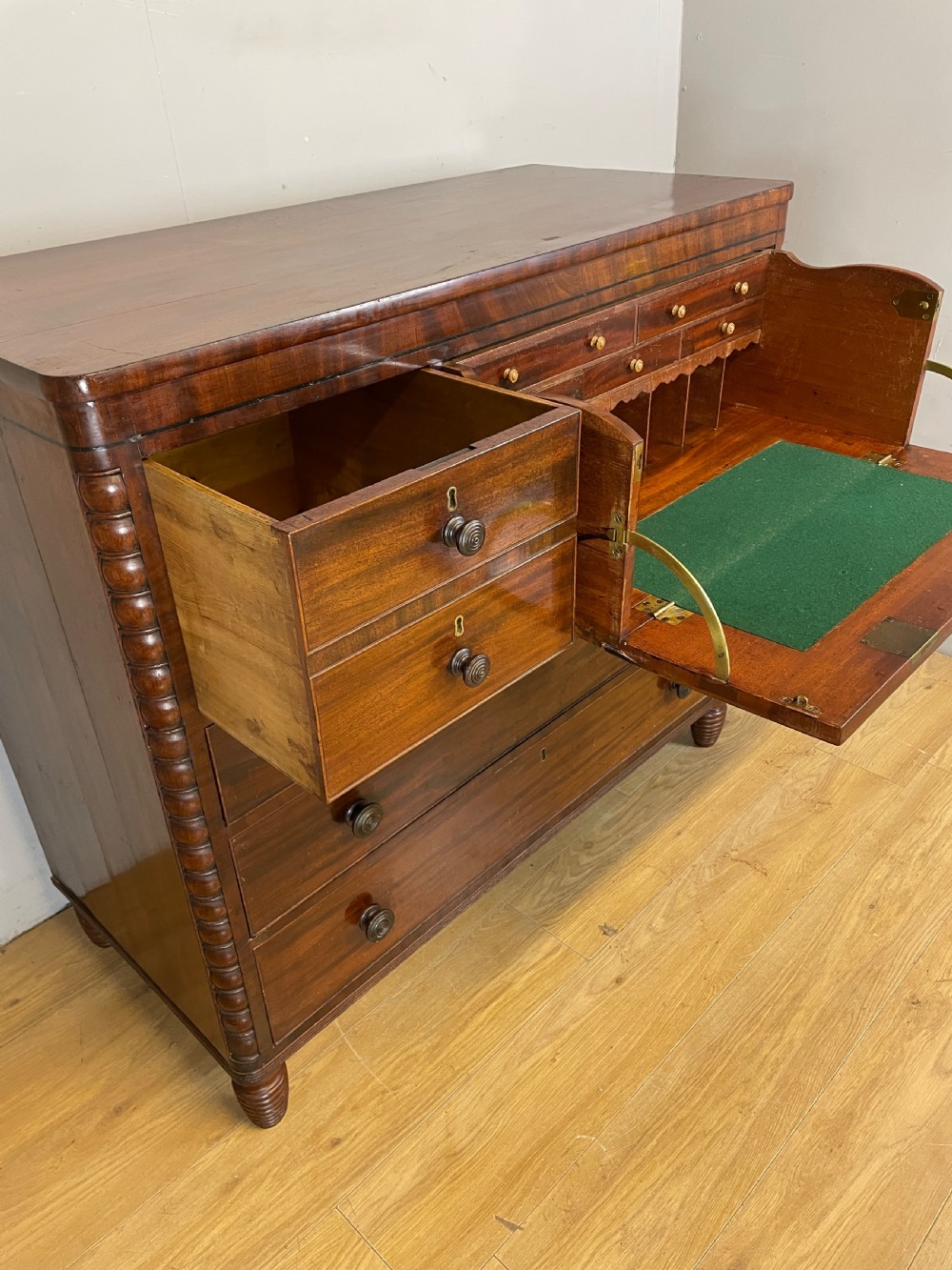 Regency flame mahogany secretaire chest of drawers in original condition  View IX