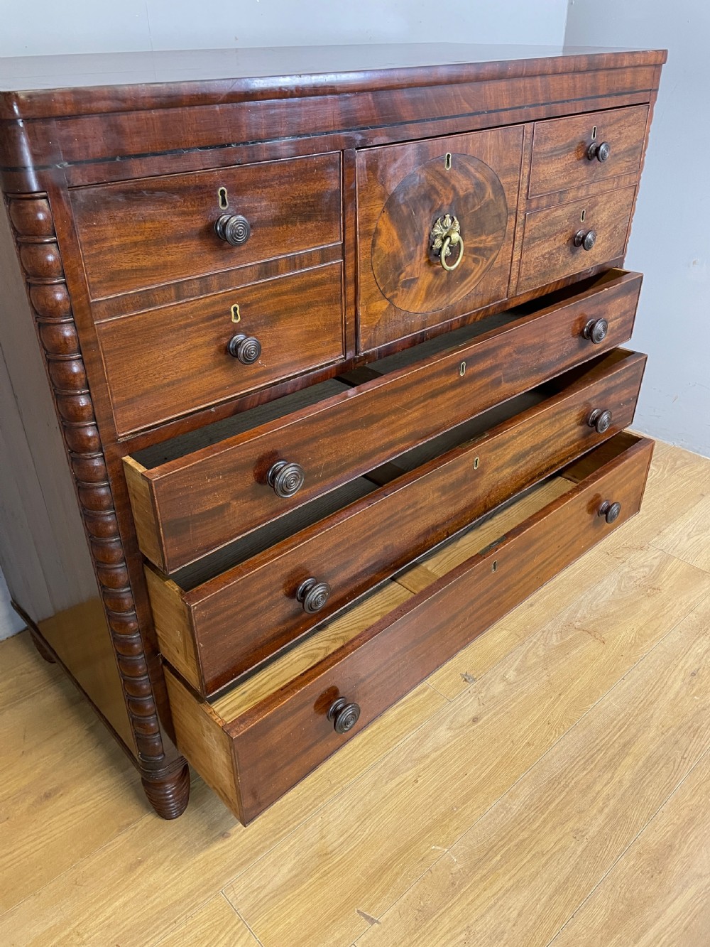 Regency flame mahogany secretaire chest of drawers in original condition  View X