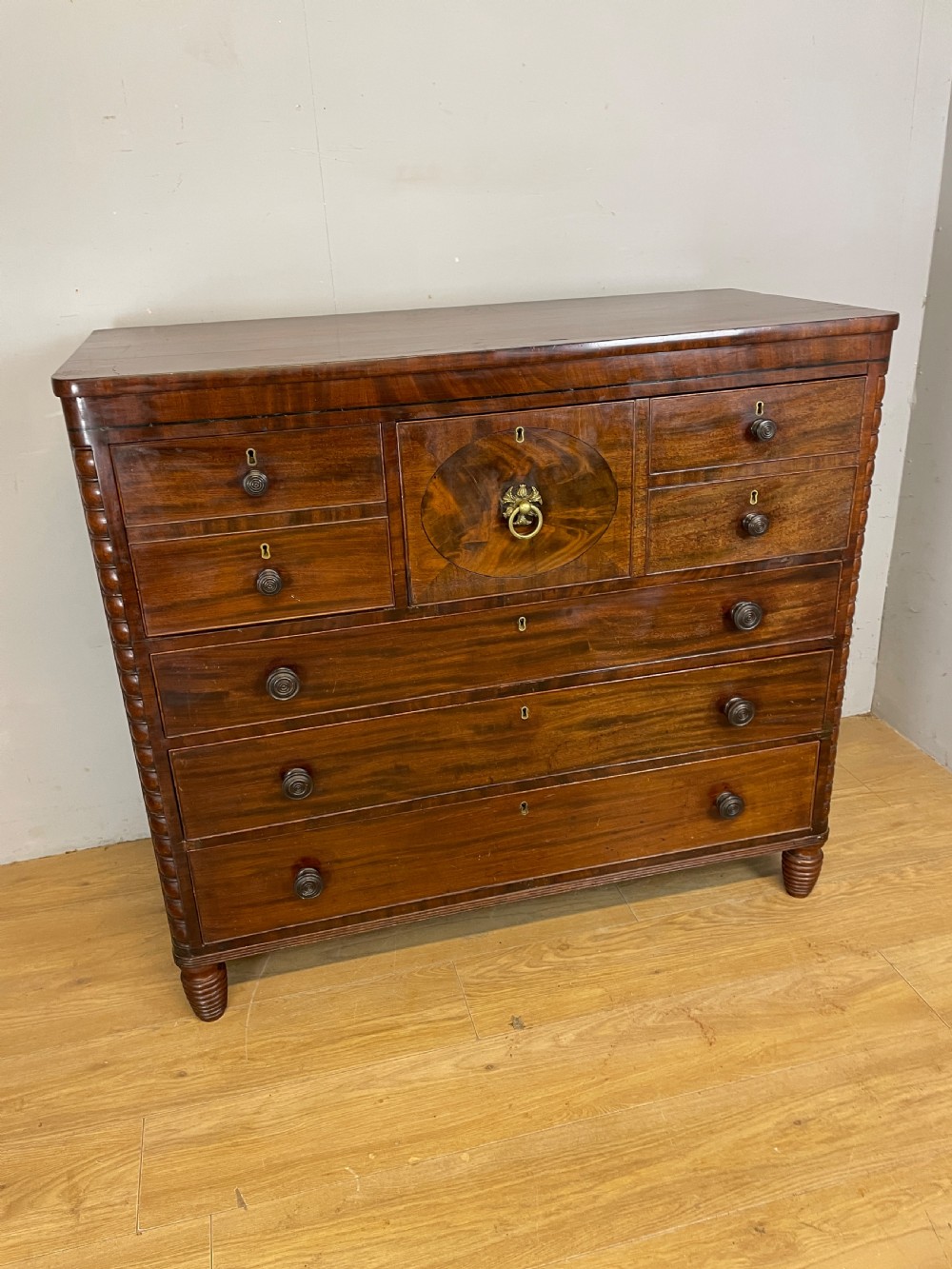 Regency flame mahogany secretaire chest of drawers in original condition  View XV