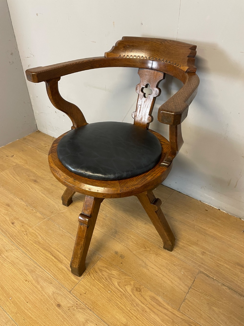 C19TH oak revolving desk chair with leather seat 
