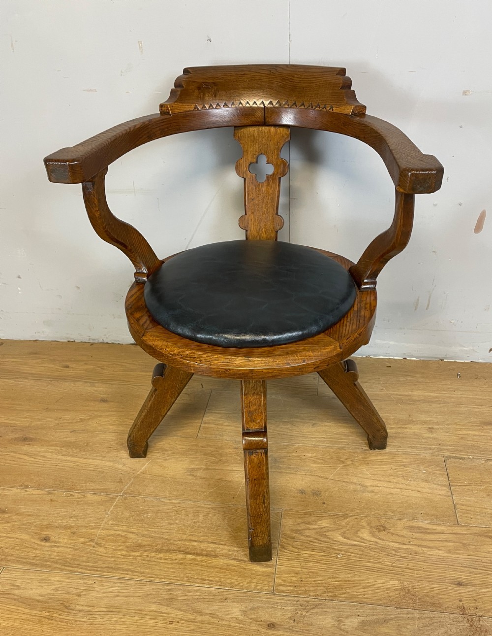 C19TH oak revolving desk chair with leather seat  View II