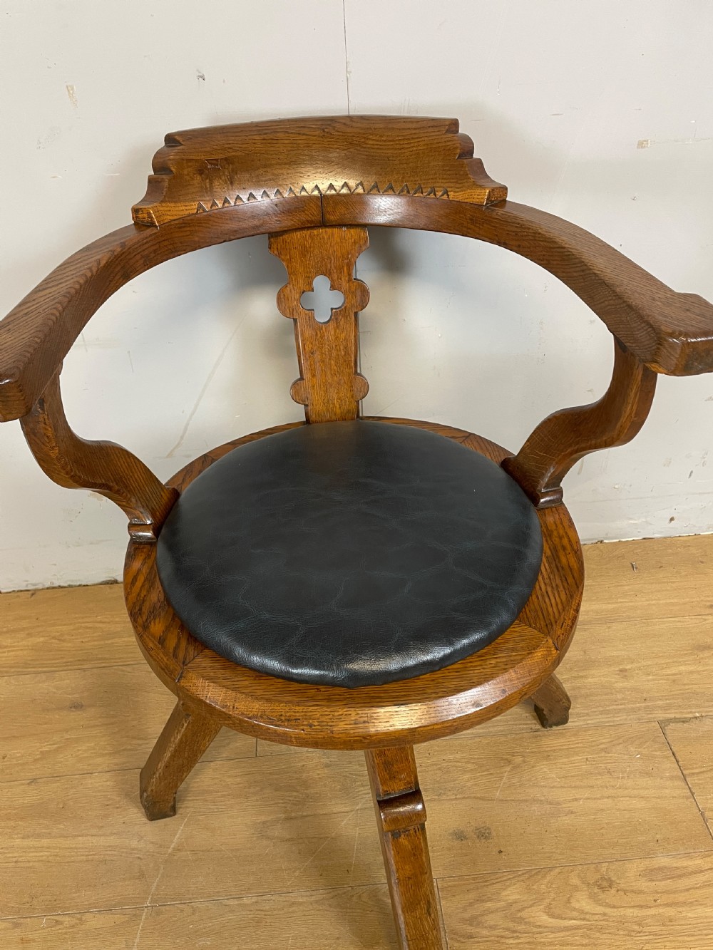 C19TH oak revolving desk chair with leather seat  View IV