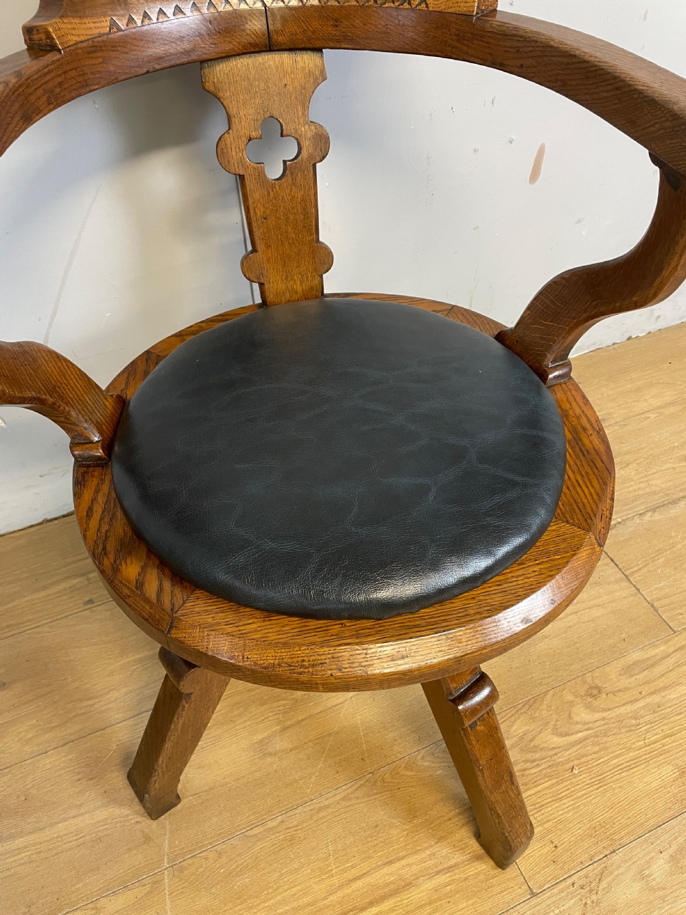C19TH oak revolving desk chair with leather seat  View X