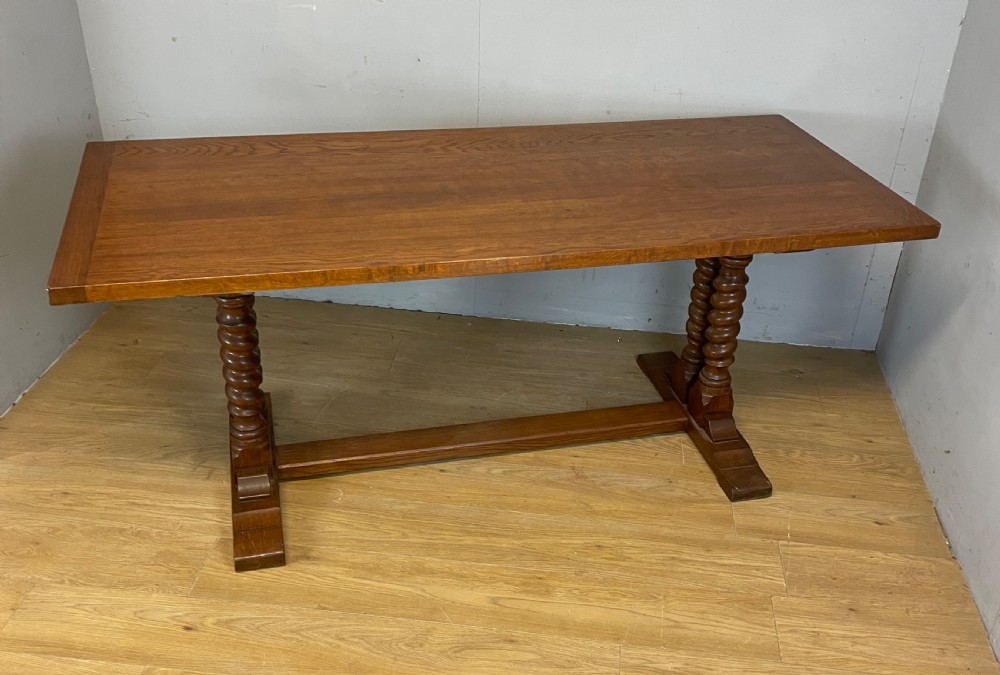 Solid oak refectory table on barley twist supports circa 1920  View VI