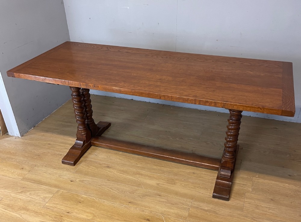 Solid oak refectory table on barley twist supports circa 1920  View IX