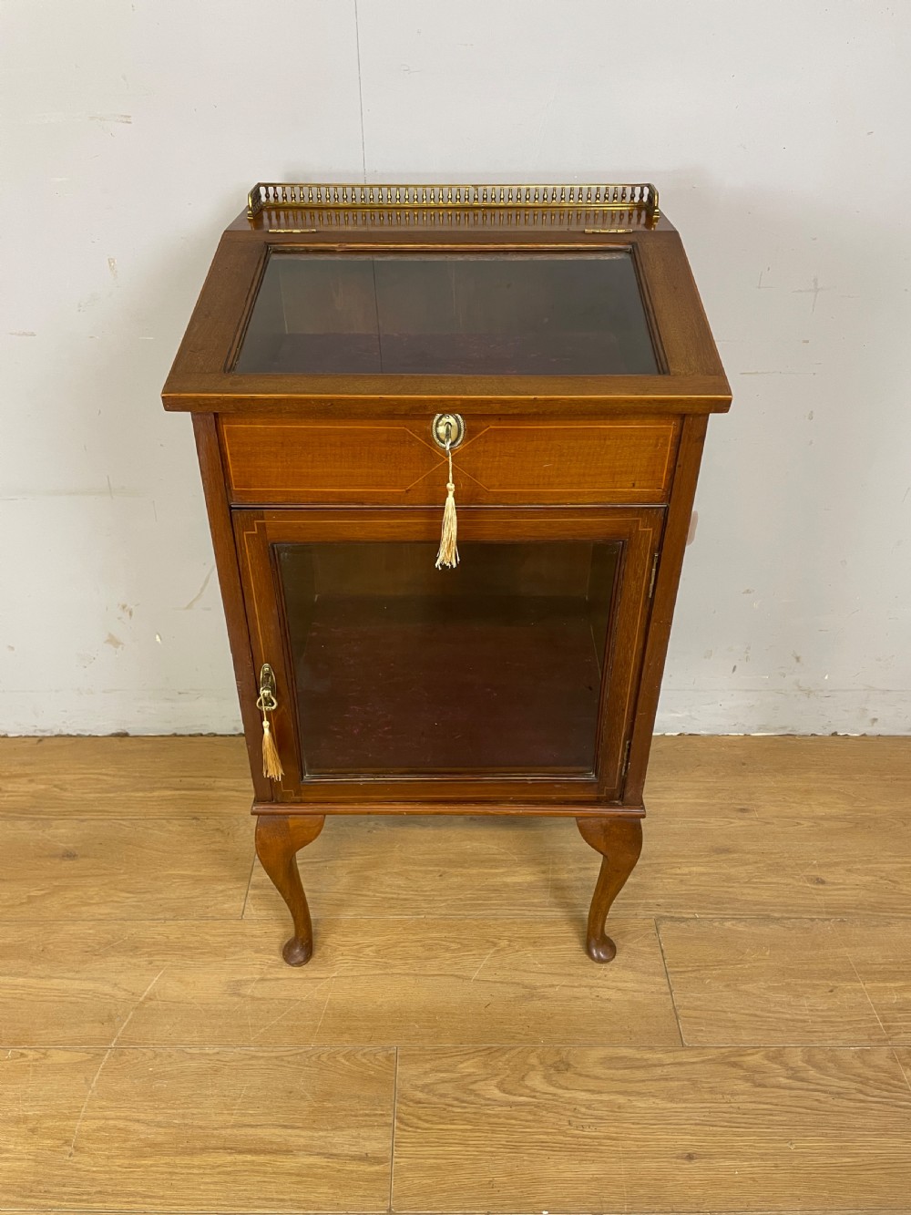 Edwardian inlaid mahogany bijouterie cabinet with gallery top  View II