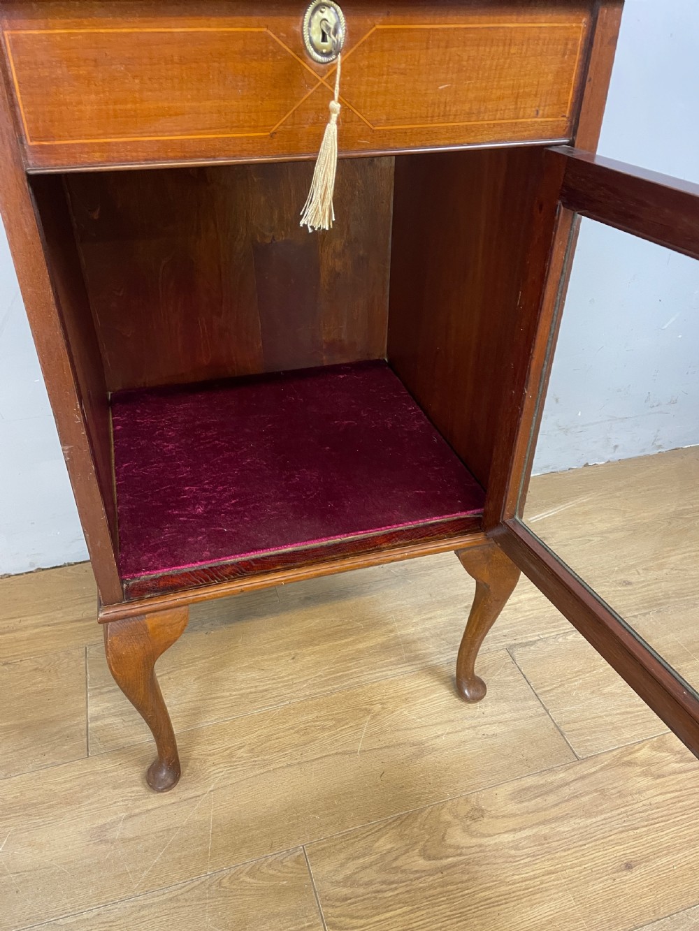 Edwardian inlaid mahogany bijouterie cabinet with gallery top  View V
