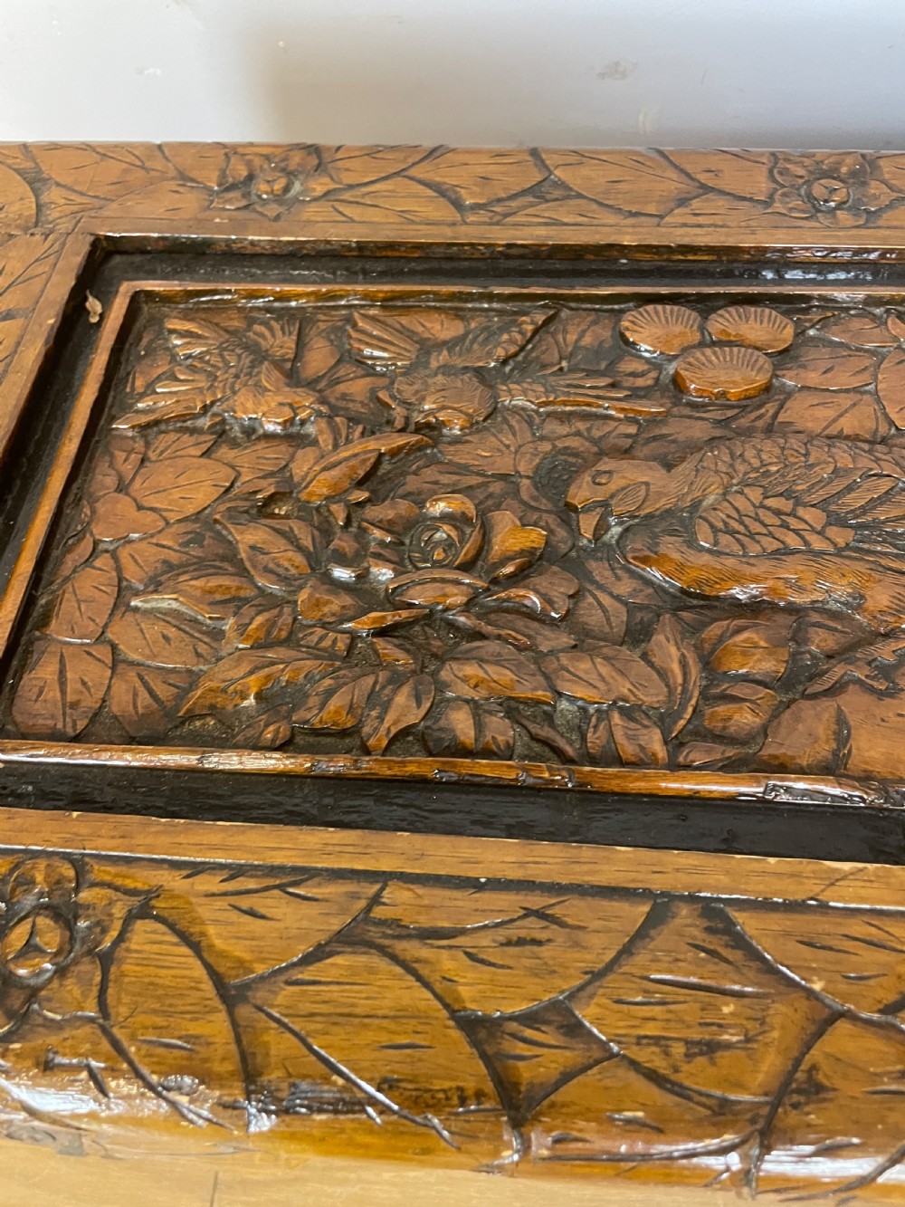 Small carved camphor wood chest circa 1920 View V