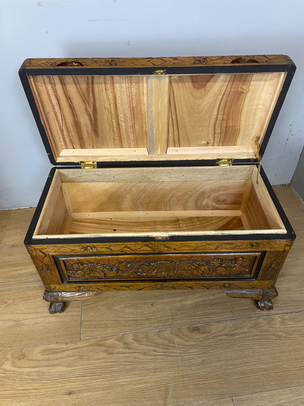 Small carved camphor wood chest circa 1920 View X