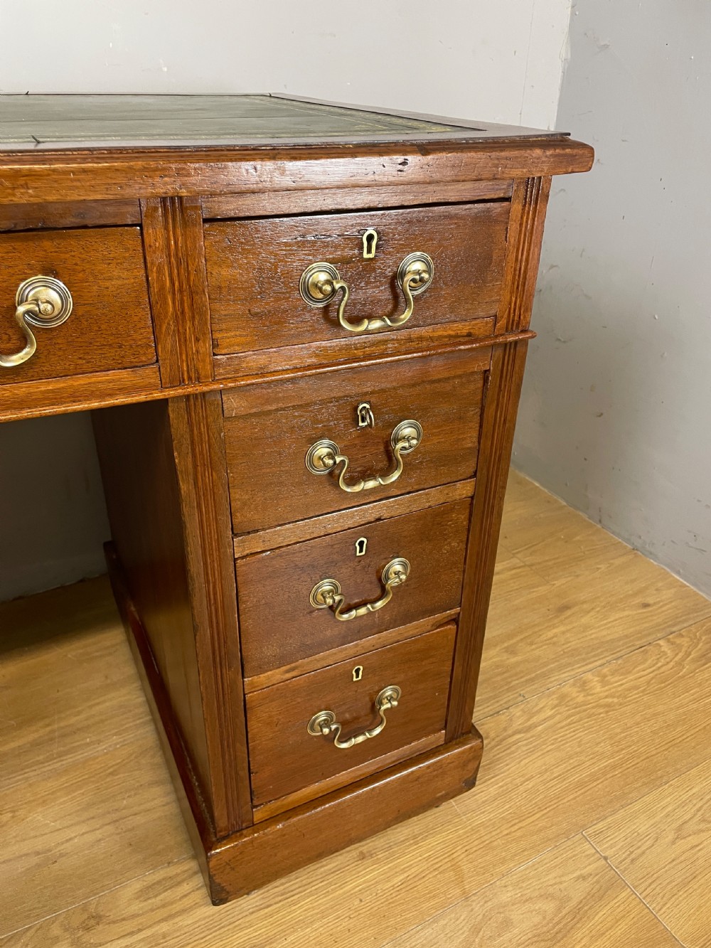 C19TH walnut three part pedestal desk with tooled leather top  View V