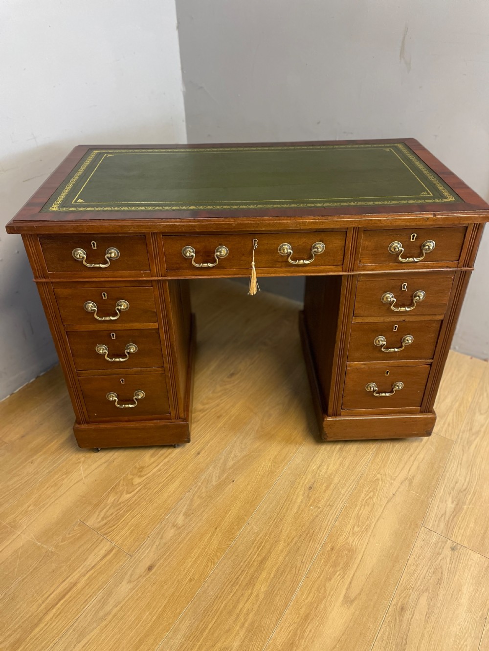 C19TH walnut three part pedestal desk with tooled leather top  View XV