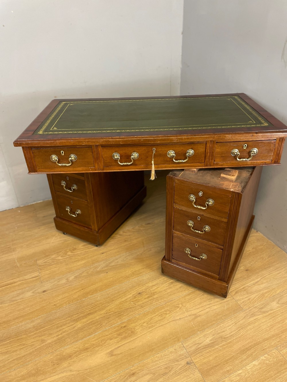 C19TH walnut three part pedestal desk with tooled leather top  View XVI