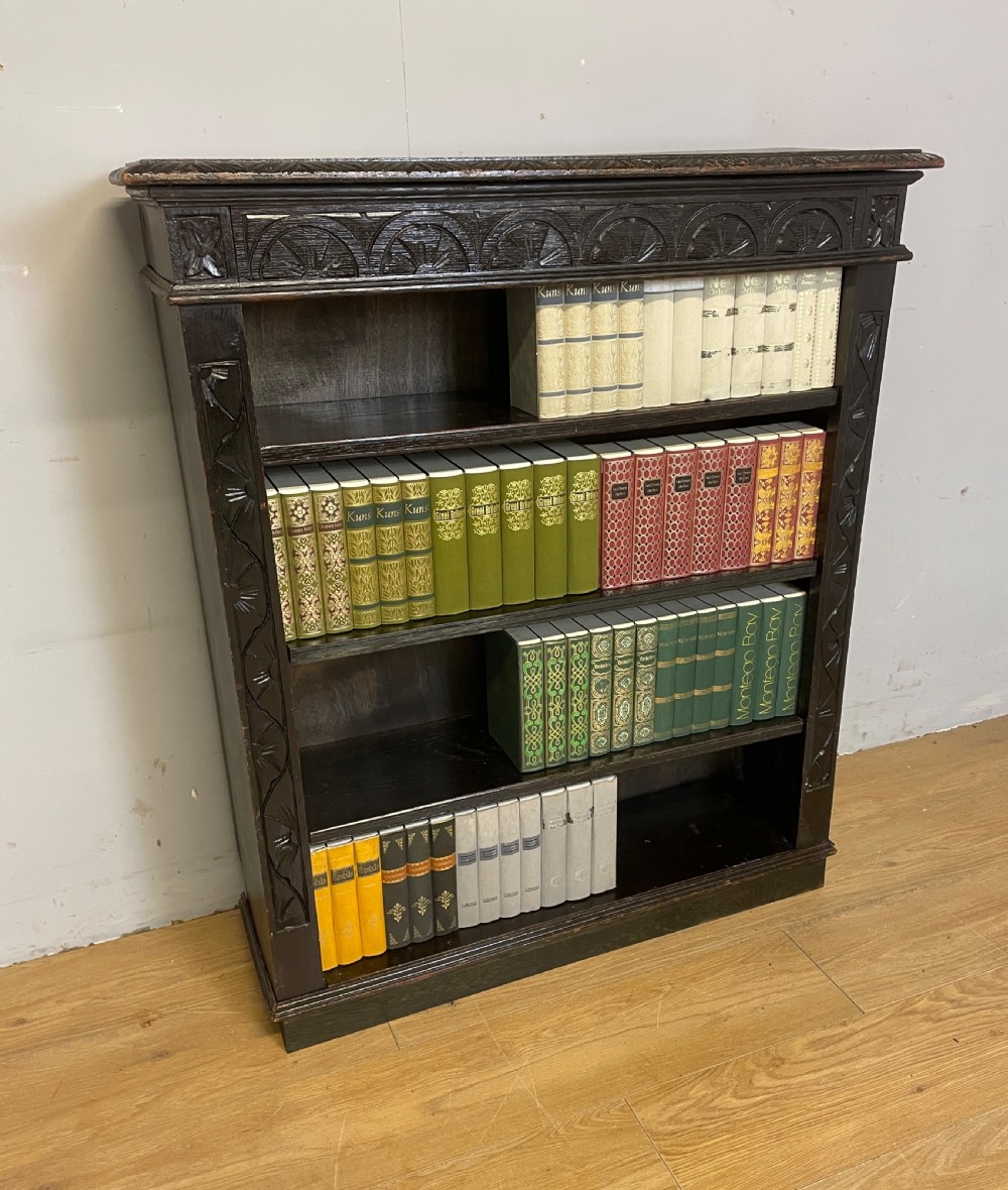 C19TH oak carved Jacobean style open bookcase 
