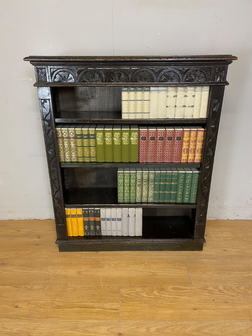 C19TH oak carved Jacobean style open bookcase  View II