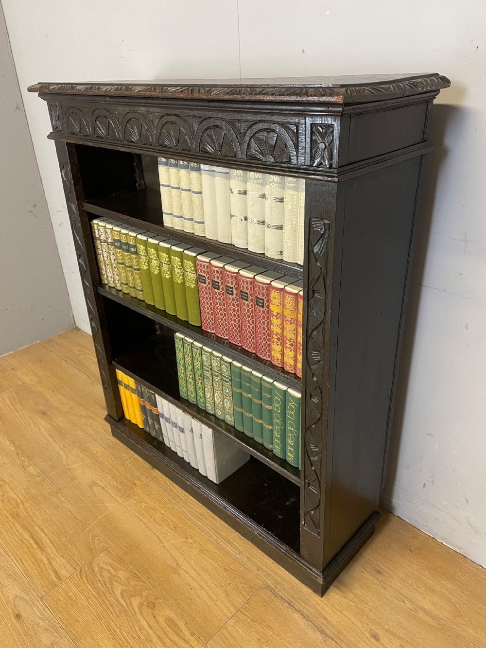 C19TH oak carved Jacobean style open bookcase  View IV
